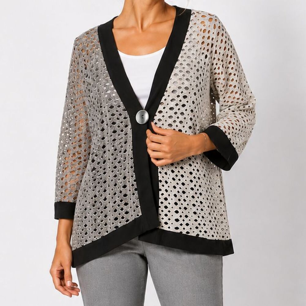 Ali Miles Cardigan L Gray Black Colorblock Textured Knit Asymmetrical 3/4 Sleeve